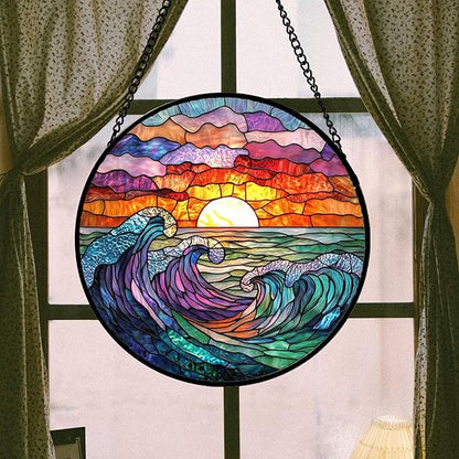 DASTOLL Stained Glass Window Hanging, Clouds and Sea Waves Suncatcher Diamond Glass Panel Hangings Scenery Sun Catchers Decor for Birthday for Women, Men, Wife, Aunt, and Mom 14.9 in