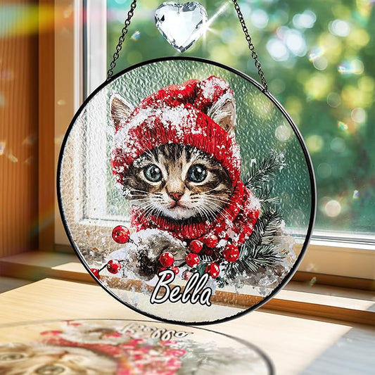 Personalized Pet Portrait Stained Glass Window Hanging, Christmas Dog Santa Hat Suncatcher Photo, Winter Cat Portrait Crystal Decor, Memorial Gift for Dog Lovers, Sympathy Gift for Cat Mom
