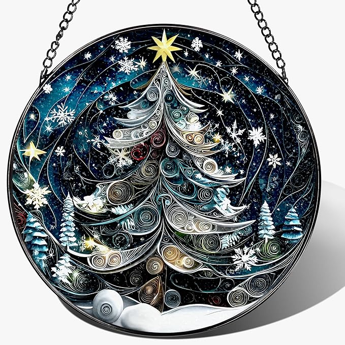 8-Inch Starry Christmas Tree Suncatcher Ornament: Stained Glass Window Hanging & Decor, Sun Catchers Indoor Window — Gift for Christmas, Holiday Present Idea, Gifts Exchange, Gift Idea