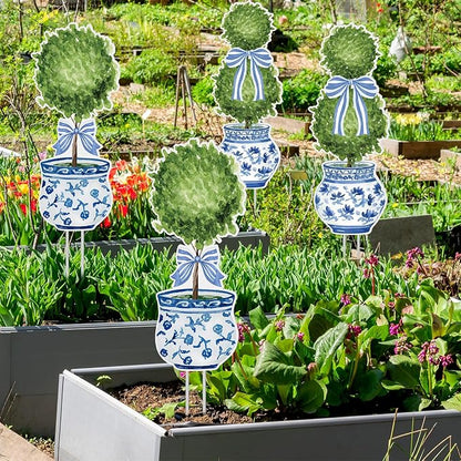 Lounsweer 4 Pcs Easter Chinoiserie Garden Stakes Decorations Hello Spring Blue and White Yard Signs Front Door Porch Decor for Farmhouse for Courtyard Patio Spring Lawn Holiday Outdoor Display