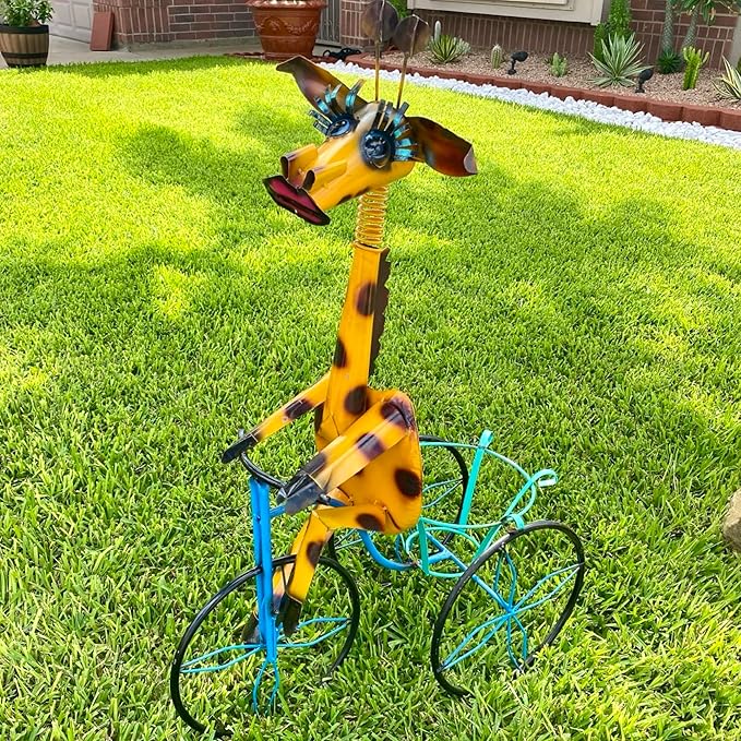 Handmade Metal Giraffe Tricycle Planter | Yard Art Garden Decor | Artisan Made Landscape Sculpture | Lawn Ornament