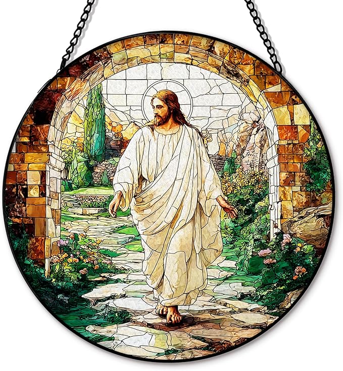 He is Risen Resurrection of Jesus Suncatcher Stained Glass Window Hanging, Christian Jesus Sun Catchers Indoor Window Glass Round Wall Decor, Religious Wall Art Hanging Decorations, ＂7.8x7.8＂
