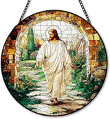 He is Risen Resurrection of Jesus Suncatcher Stained Glass Window Hanging, Christian Jesus Sun Catchers Indoor Window Glass Round Wall Decor, Religious Wall Art Hanging Decorations, ＂7.8x7.8＂