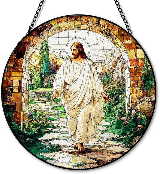 He is Risen Resurrection of Jesus Suncatcher Stained Glass Window Hanging, Christian Jesus Sun Catchers Indoor Window Glass Round Wall Decor, Religious Wall Art Hanging Decorations, ＂7.8x7.8＂