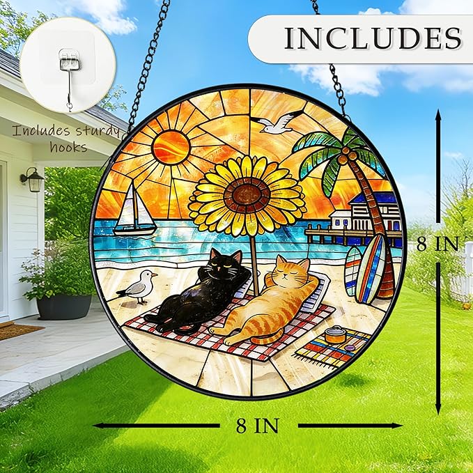 Cat Stained Glass Suncatcher Window, Cat Sun Catchers Indoor Window, Suncatcher for Mom/Women (Black & Orange)