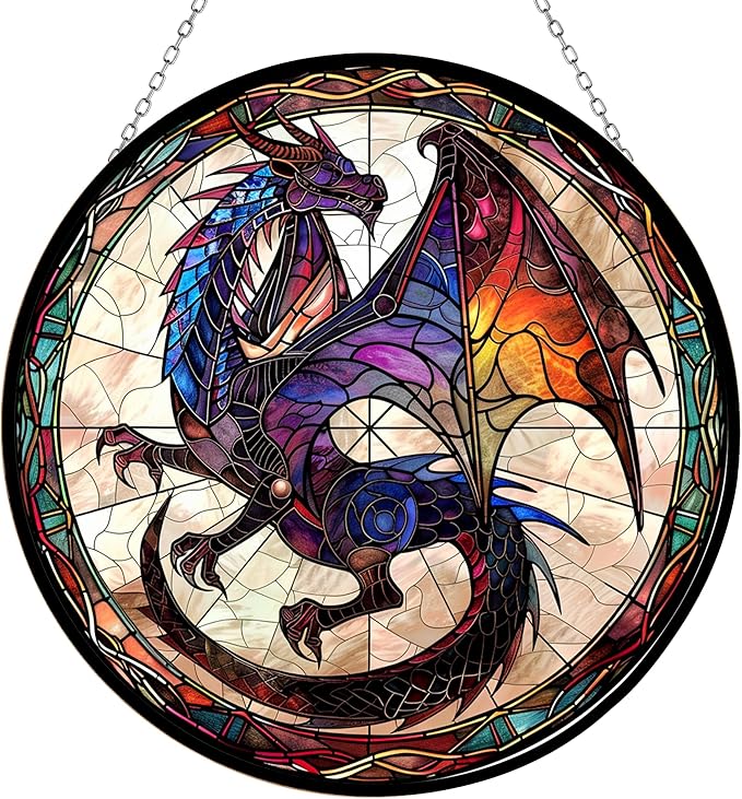 Dragon Stained Glass Suncatcher 4 Season Theme Colorful Leaves Window Wall Hanging Ornament Hand-Painted Glass Panel Decor Gift for Women Christmas Thanksgiving Gift 6.3"