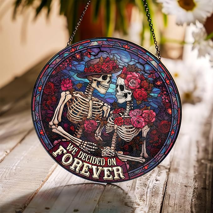 FIVITY Stained Glass Window Hanging 7.8'' Skeleton Couple Suncatcher We Decided On Forever Stained Glass Ornament Suncatchers with Hanging Chain for Wife Husband Wedding for Hi