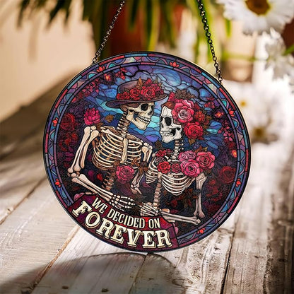 FIVITY Stained Glass Window Hanging 7.8'' Skeleton Couple Suncatcher We Decided On Forever Stained Glass Ornament Suncatchers with Hanging Chain for Wife Husband Wedding for Hi