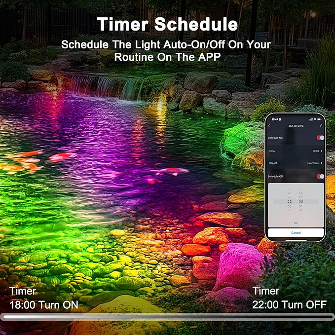 RGB Pond Light with APP, 6W Frog Fountain Lights with 12V Transformer, IP68 Waterproof Underwater Pond Lights with Long Cables for Ponds Waterfall Fountain Gardens Water Feature, 4 SpotLights