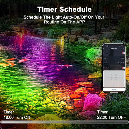 RGB Pond Light with APP, 6W Frog Fountain Lights with 12V Transformer, IP68 Waterproof Underwater Pond Lights with Long Cables for Ponds Waterfall Fountain Gardens Water Feature, 4 SpotLights