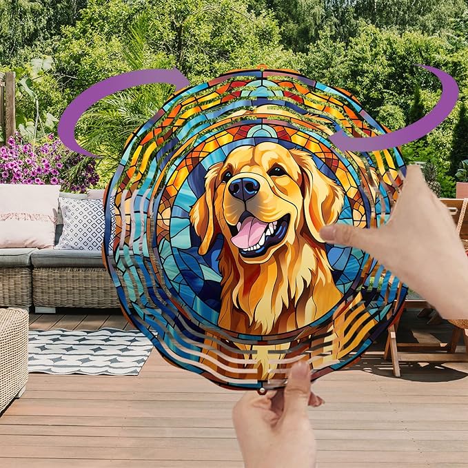 Golden Retriever Wind Spinner Pet Dog Memorial Gifts, Vibrant 3D Kinetic Aluminum Metal Hanging Outdoor Garden Decor, Loss of Dogs Sympathy Gifts, 8" Wind Sculptures for Patio, Porch Yard Art (GR7)