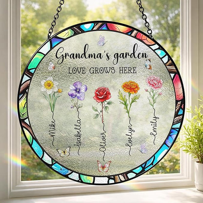 Personalized Grandma's Garden Stained Glass Suncatcher, Custom Stained Glass Window Hanging with Mom's Garden Birth Flowers, Mothers Day Unique Gifts for Mom from Grandkids on Mothers Day Christmas