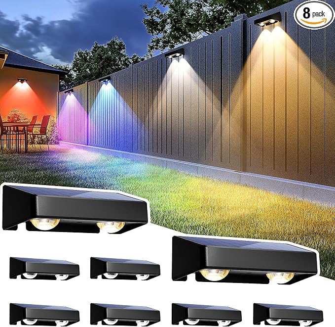 SOLPEX Solar Fence Lights Outdoor, 9 Fixed Colors ＆ Color Changing Fence Solar Lights Outdoor Waterproof IP65, LED Deck Lighting for Halloween Backyard Wall Step Patio Railing Pool Porch (8 Pack)