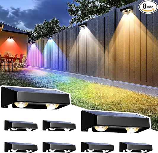 SOLPEX Solar Fence Lights Outdoor, 9 Fixed Colors ＆ Color Changing Fence Solar Lights Outdoor Waterproof IP65, LED Deck Lighting for Halloween Backyard Wall Step Patio Railing Pool Porch (8 Pack)
