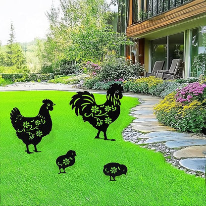 Flohuaer Chicken Metal Decorative Garden Stakes 4pcs Chicken for Women/Men Chicken Lovers Gifts Silhouette Statues for Outside Yard Art Outdoor Patio Lawn Ornaments Garden Decorations