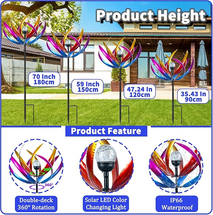 Wind Spinners Outdoor for Yard and Garden - Wind Sculptures & Spinners - 70 Inch Wind Spinner with Solar Powered Multi-Color Glass Ball Light for Yard Garden Backyard Lawn Decorations -Purple and Blue
