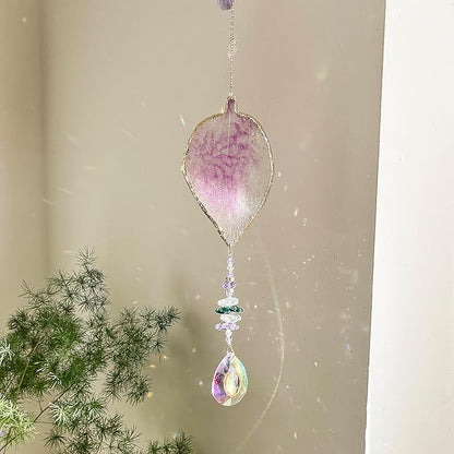 Hanging Crystal Suncatcher, Sun Catchers Indoor Window, Leaf-Shaped Crystal Hanging Ornament, Hanging Crystals for Decoration, Birthday Gift (Purple)
