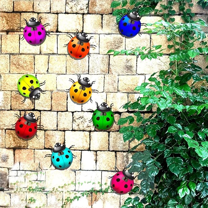 Surakey Metal Garden Decor for Outside Cute Ladybugs Yard Art Lawn Ornaments Wall Sculptures & Statues Iron Ladybug Wall Decoration Outdoor Fence Decorations for Patio Park (Red)