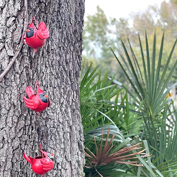 Things2Die4 85-Inch Metal Rain Chain with 7 Three-Dimensional Red Cardinal Birds, Rustic Brown Finish, Weighted Bell at Bottom, Decorative Downspout Alternative for Outdoor Garden or Patio Décor