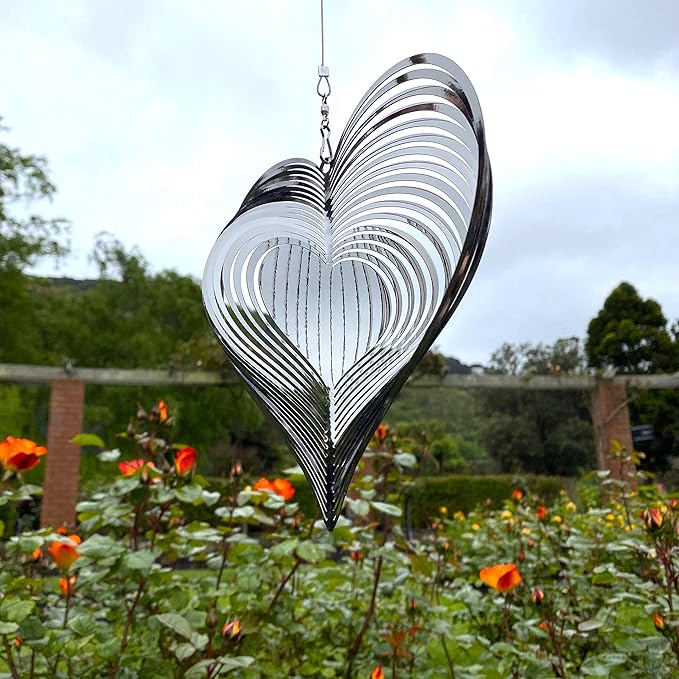 Wind Spinner Metal Garden Spinners Outdoor Garden Art for Backyard Outdoor Hanging Decor and Spinners for Yard and Garden Ornaments 3D Shape (Silver Heart)