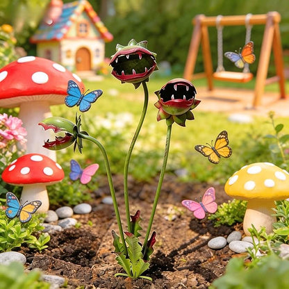 2Pack Metal Carnivorous Plant Garden Stake - Handmade Iron Venus Flytrap Yard Art, Whimsical Flower Outdoor Sculpture for Garden, Patio, Lawn, Seasonal Yard Decor