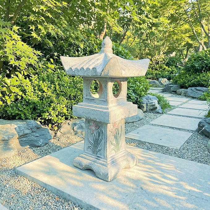 23.6’’High Asian Orchid Pagoda Statue Miniature Tower Lantern Garden Decoration Figurines Outdoor Japanese Decoration Zen Courtyard Landscape