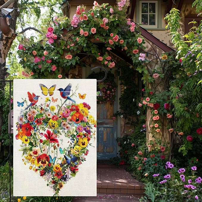 Spring Summer Birds Flowers Butterflies Garden Flag for Outside, Colorful Floral Love Hearts Outdoor Yard Flag 12x18 Inch Double Sided Burlap