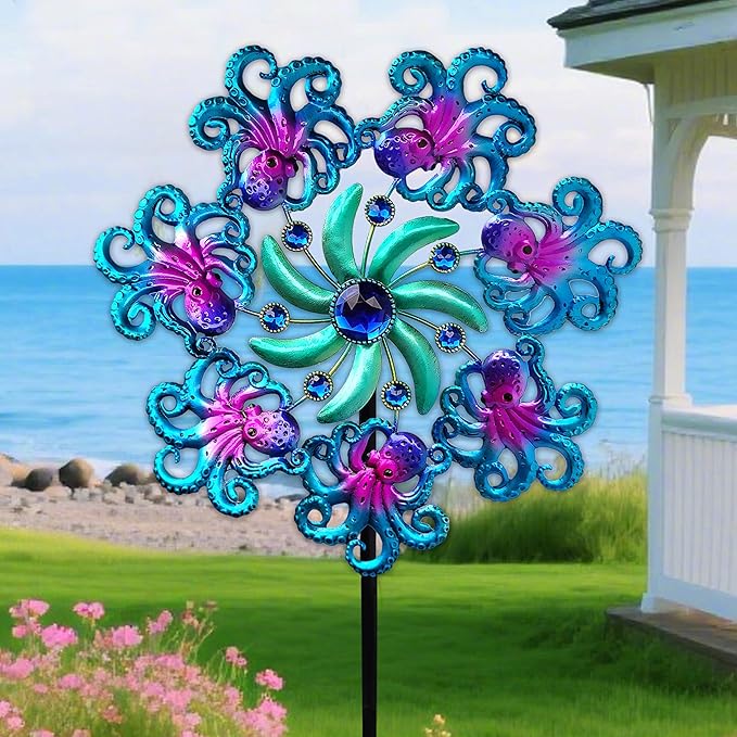 Octopus Wind Spinners 49" Garden Spinner Stake Outdoor Large Metal, Windmills Gifts for Mother's Day Birthday Lawn Patio Decor（Blue）