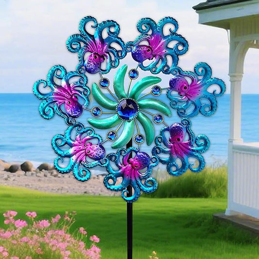 Octopus Wind Spinners 49" Garden Spinner Stake Outdoor Large Metal, Windmills Gifts for Mother's Day Birthday Lawn Patio Decor（Blue）