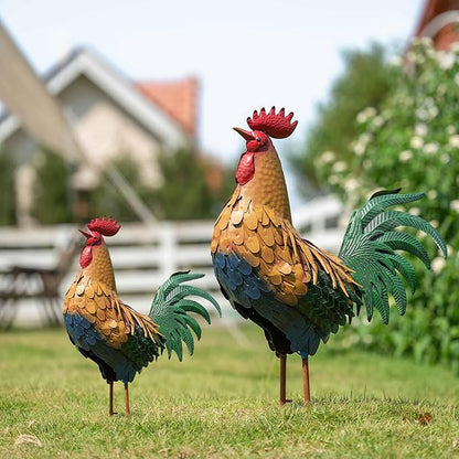 TERESA'S COLLECTIONS Garden Decor, Vivid Rooster Garden Decor with Colorful Painting, 12", Waterproof Metal Garden Statue, Rooster Gifts, Garden Gifts for Women Mom, Indoor/Outdoor