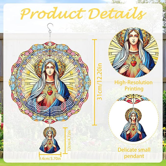 Hanging Wind Spinners Outdoor, 3D Kinetic Metal Wind Spinner with Virgin Mary Sacred Heart Design for Garden Yard Decor, Catholic Gifts for Women Sympathy Memorial