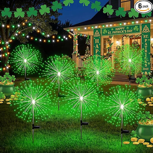 Tujoe 6 Pcs St. Patrick's Day Solar Firework Stake Lights 180 LED 8 Modes Waterproof LED Sparkler Lights Outdoor Decoration for Irish Garden Patio Yard Pathway Walkway Lawn, Green