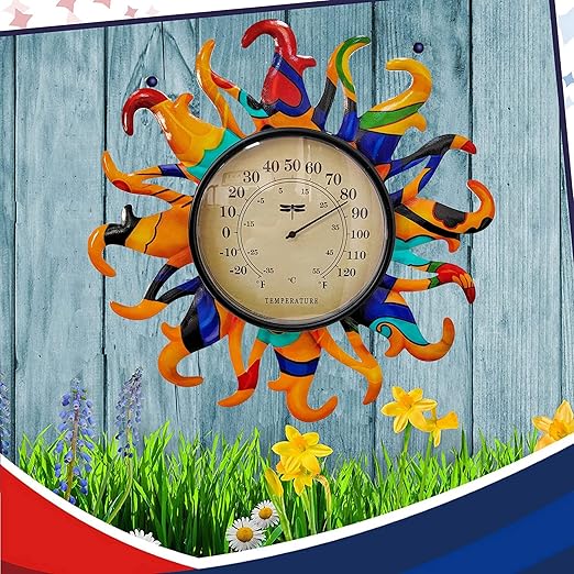 Metal Sun Thermometer Indoor Outdoor Ornament Wall Art Decor, Sun Plaque Sculpture Hanging Mounted for Living Room Bedroom Kitchen Patio for Home or Garden, No Battery Required (Orange)