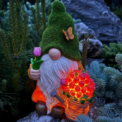 Mood Lab Garden Gnome - Solar Gnome Figurine with Tulips - 9.45 Inch Tall Flower Decor Outdoor Lawn Statue with LED Lights in Tulips
