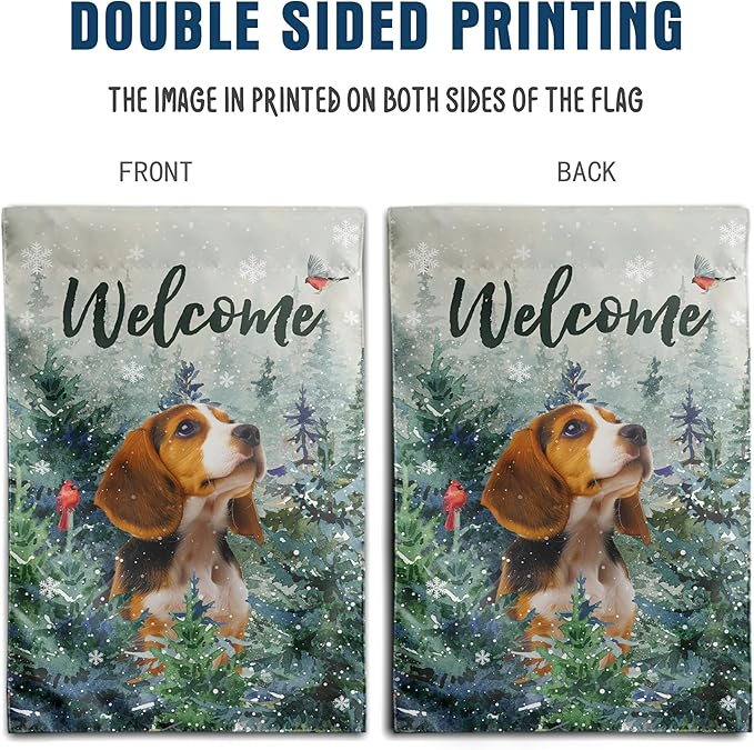 Welcome Winter Garden Flags Beagle Garden Flag Cardinal Birds on Snowy Pine Tree Flag Dog Yard Flags for Outside 12x18 Double Sided Christmas Decorative