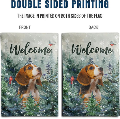 Welcome Winter Garden Flags Beagle Garden Flag Cardinal Birds on Snowy Pine Tree Flag Dog Yard Flags for Outside 12x18 Double Sided Christmas Decorative