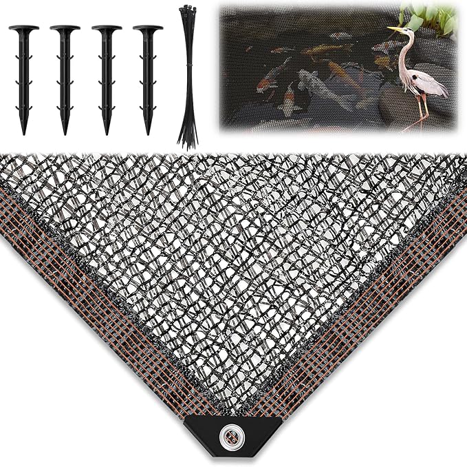 Koi Pond Netting Kit 12 x 100ft, Heavy-Duty Pe, Bird Deer Fence Netting, Durable Net Cover for Leaves, Protect Fish from Blue Heron Bird, Cats & Predators, Stakes & Ties Included