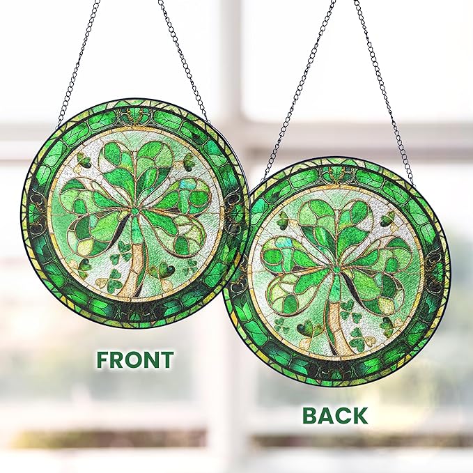 FLAGWIX St Patricks Day Decorations - Stained Glass Hanging Suncatcher 6 in - Birthday Irish Decorations, Irish Gifts for Women Men Family Friends, Shamrock Home Decor