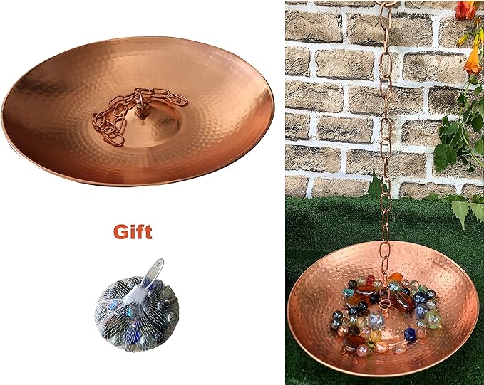 Pure Copper Hammered Anchoring Basin, Pure Copper, 11 inch Diameter and 2 inch High. Enclude a free bag of colorful glass bead