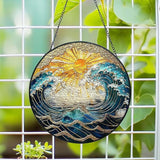 Ocean Wave Sunset Suncatcher Stained Glass Window Hanging - 10" Hand-Painted Sun Catcher Garden Hanging Decoration with Metal Chain Outdoor Garden Decor Christmas for Women