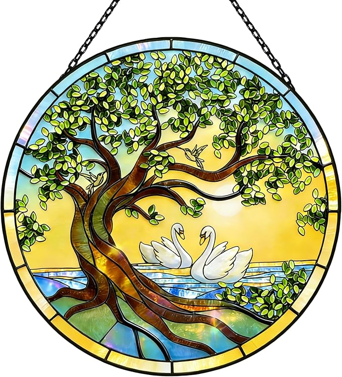 Stained Glass Window Hangings, Tree of Life with Hummingbird Suncatchers for Window, Treasured Gift for Mom, Grandma, Family and Friends (Tree of Life with Geese, 6.7x6.7 in)