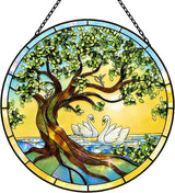 Stained Glass Window Hangings, Tree of Life with Hummingbird Suncatchers for Window, Treasured Gift for Mom, Grandma, Family and Friends (Tree of Life with Geese, 6.7x6.7 in)