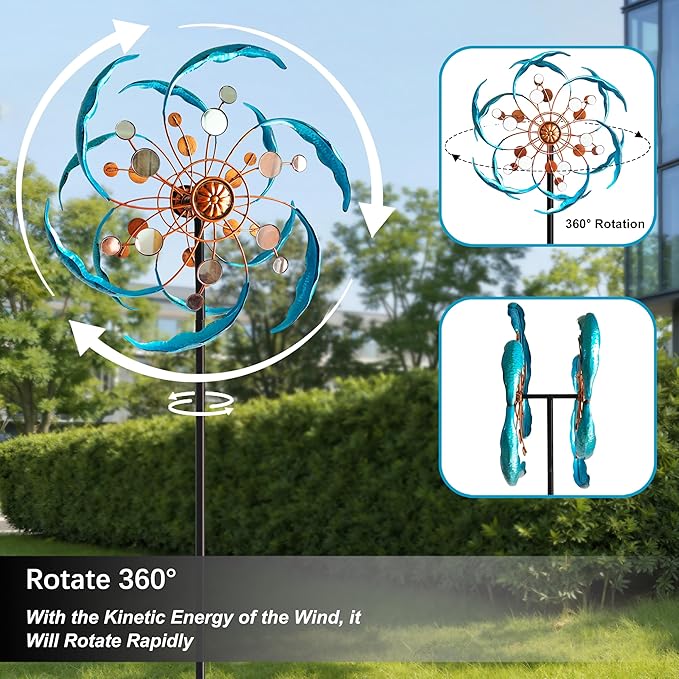 360° Outdoor Wind Spinner, Wind Sculpture Spinner with Metal Stake, Yard Art Decor for Patio, Lawn & Garden (Mirror Style)