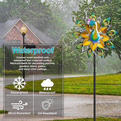 Outdoor Peacock Wind Spinners Featuring Glittering Gem Decor, 13.5" D x 65" H Double Layer Kinetic Wind Sculptures, 360° Rotatable Metal Garden Wind Spinners for Yard and Outdoor Decor Blue