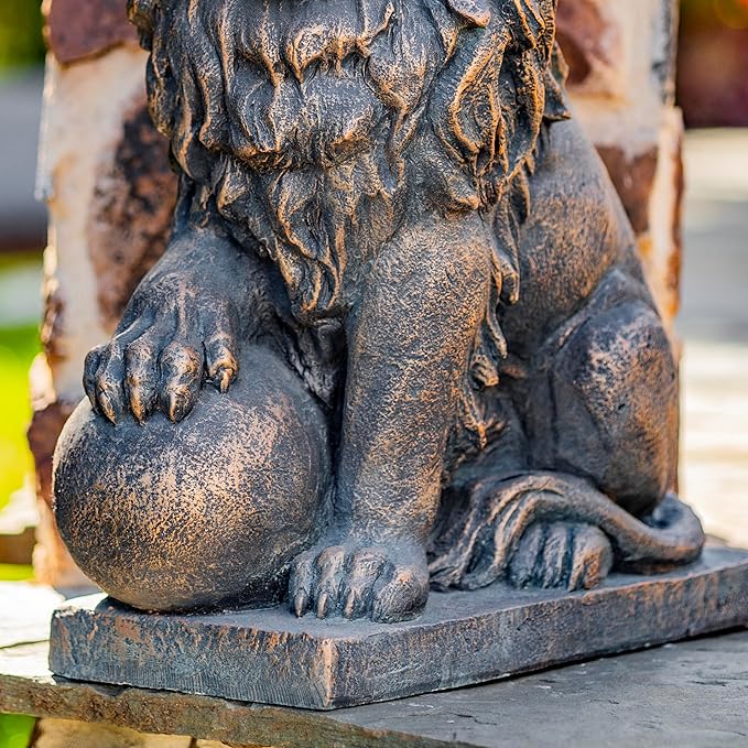 Zaer Ltd. Magnesium Pair of Lion Statues (Outdoor Safe) (27" Tall w/Ball (Set of 2), Aged Bronze (Painted))