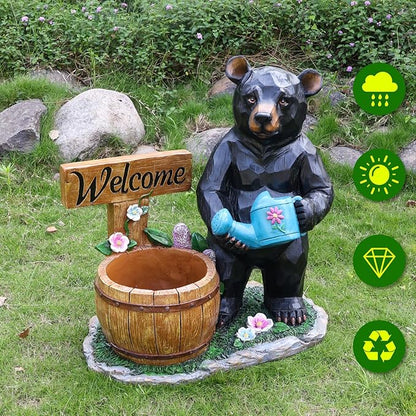 Black Bear Garden Statue Planter, Waterproof Outdoor Resin Animal Flower Pot, Yard Lawn Patio Decor, Front Porch Ornament Housewarming Gift(Black Bear Holding Watering Can)