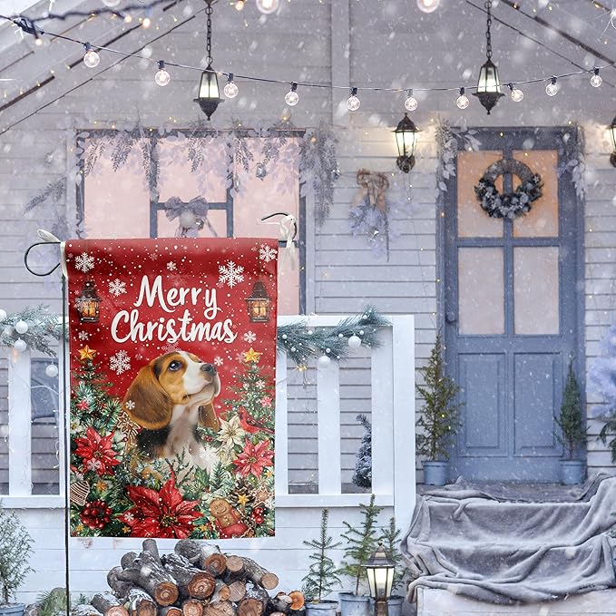 Christmas Beagle Garden Flag Merry Christmas Dog Yard Flag for Outside Xmas Flags 12x18 Double Sided Red Poinsettia Garden Flags Winter Porch Decorations Outdoor