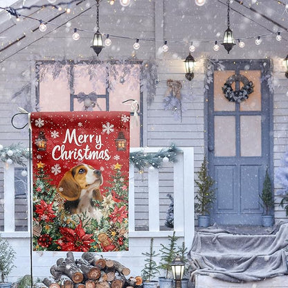 Christmas Beagle Garden Flag Merry Christmas Dog Yard Flag for Outside Xmas Flags 12x18 Double Sided Red Poinsettia Garden Flags Winter Porch Decorations Outdoor