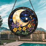 Stained Glass Window Hanging - Blue Night Sky Moon Suncatcher for Door Terrace Garden Home Decor Wildflowers Sun Catcher Birthday Gifts for Lovers Women Men Dad Mom Nana 6.3 in