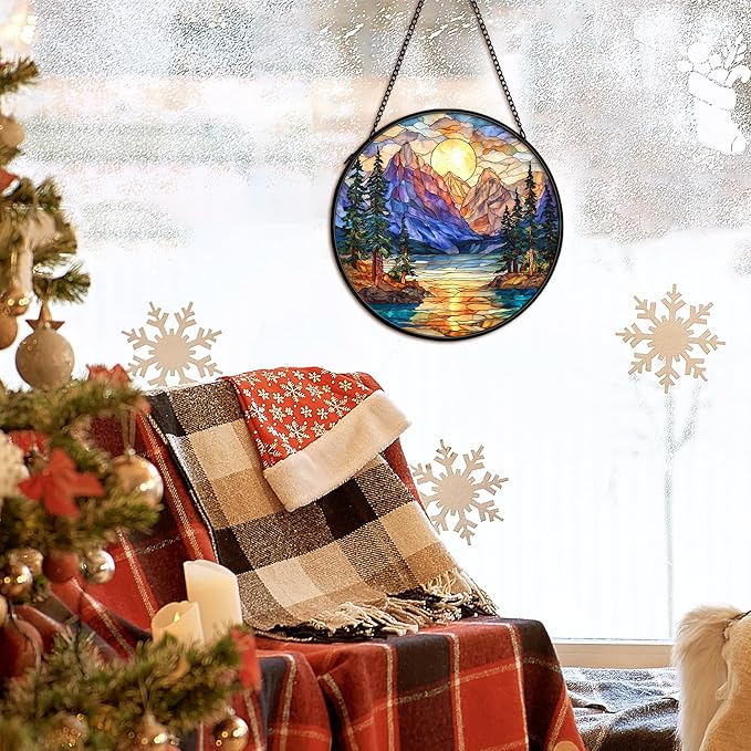 Mountain Forest Sunrise Suncatcher Stained Glass Window Hanging Decor, Camping Nature Landscape Stained Glass Wall Decor, Mountain Garden Sun Catchers Indoor Window Hanging Wall Art, 7.9x7.9In